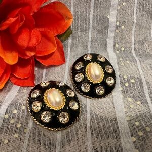 Vintage Black Enamel Clip-on Earrings with Faux Pearls and Rhinestones